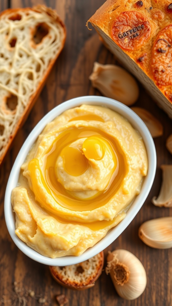 A dish of roasted garlic spread next to crusty bread on a wooden table.